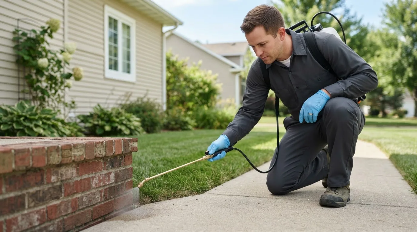 Pest control technician treating a home near West End, NC